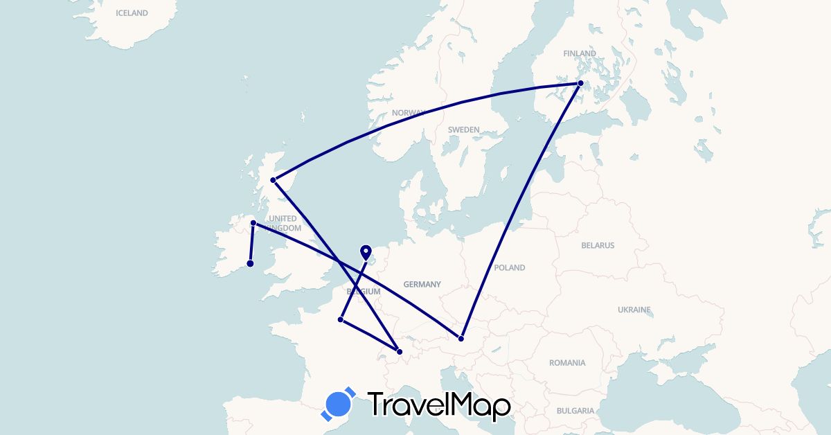 TravelMap itinerary: driving in Austria, Switzerland, Finland, France, United Kingdom, Ireland, Netherlands (Europe)